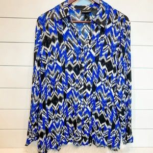 LANE BRYANT 14/16 Top Sheer Button Down Shirt Blue Black White Kaleidoscope